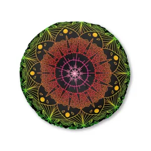 Hand Drawn Mandala Art Floor Cushion - Flower colors on Black - Tufted