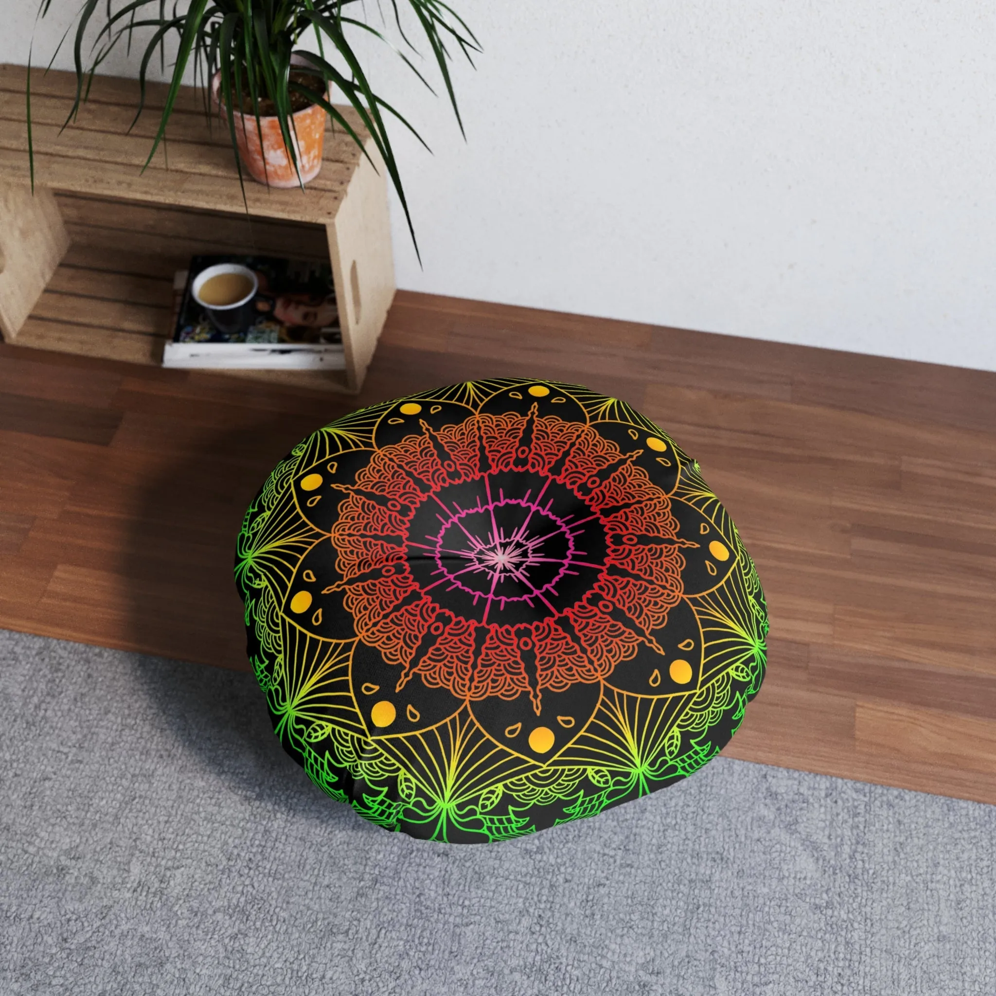 Hand Drawn Mandala Art Floor Cushion - Flower colors on Black - Tufted