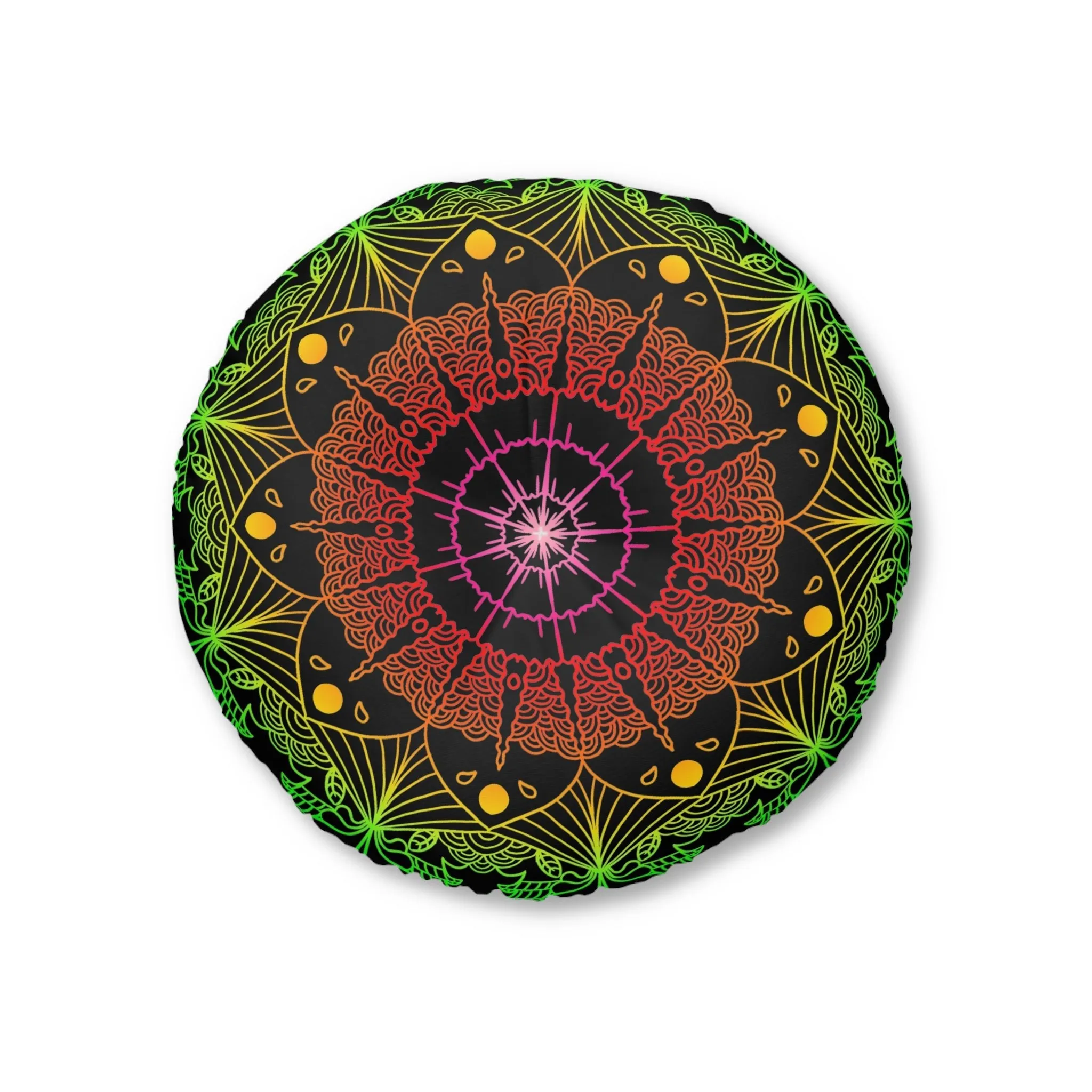 Hand Drawn Mandala Art Floor Cushion - Flower colors on Black - Tufted