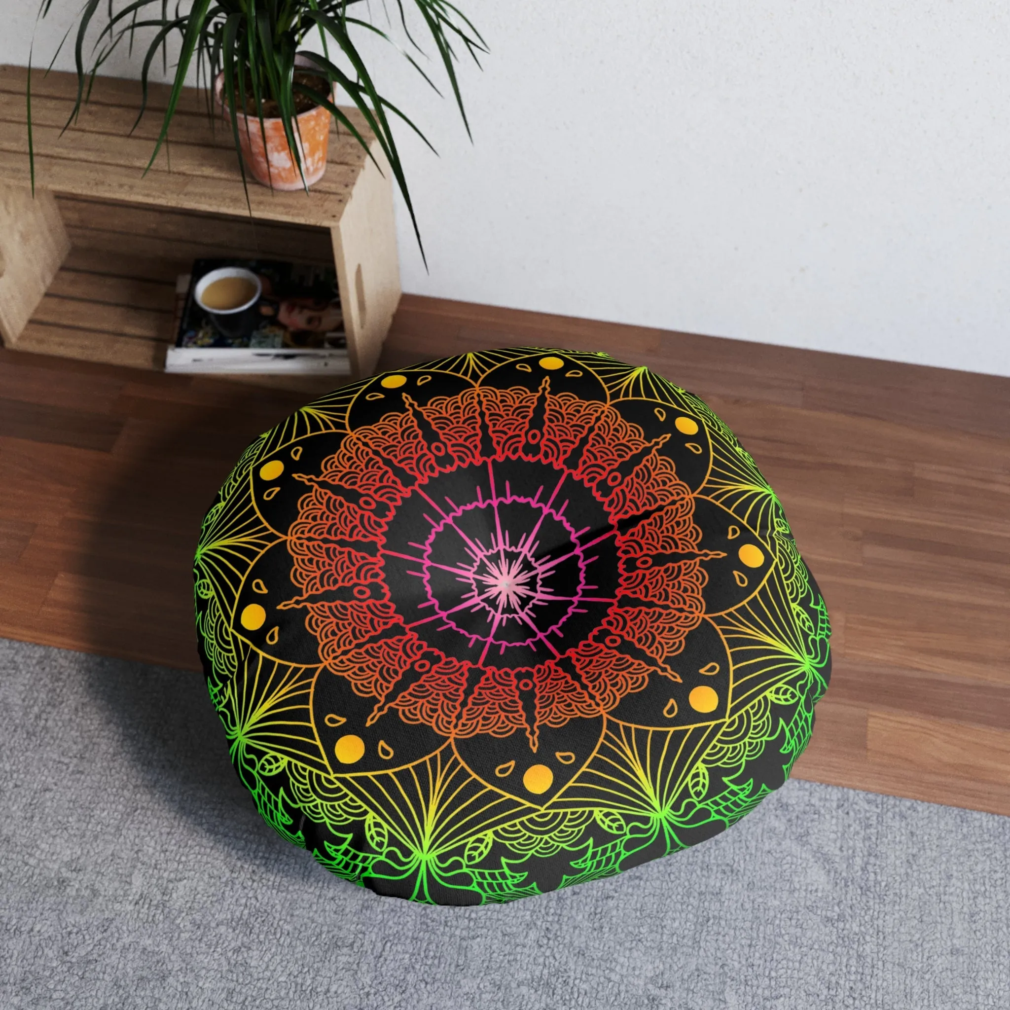 Hand Drawn Mandala Art Floor Cushion - Flower colors on Black - Tufted