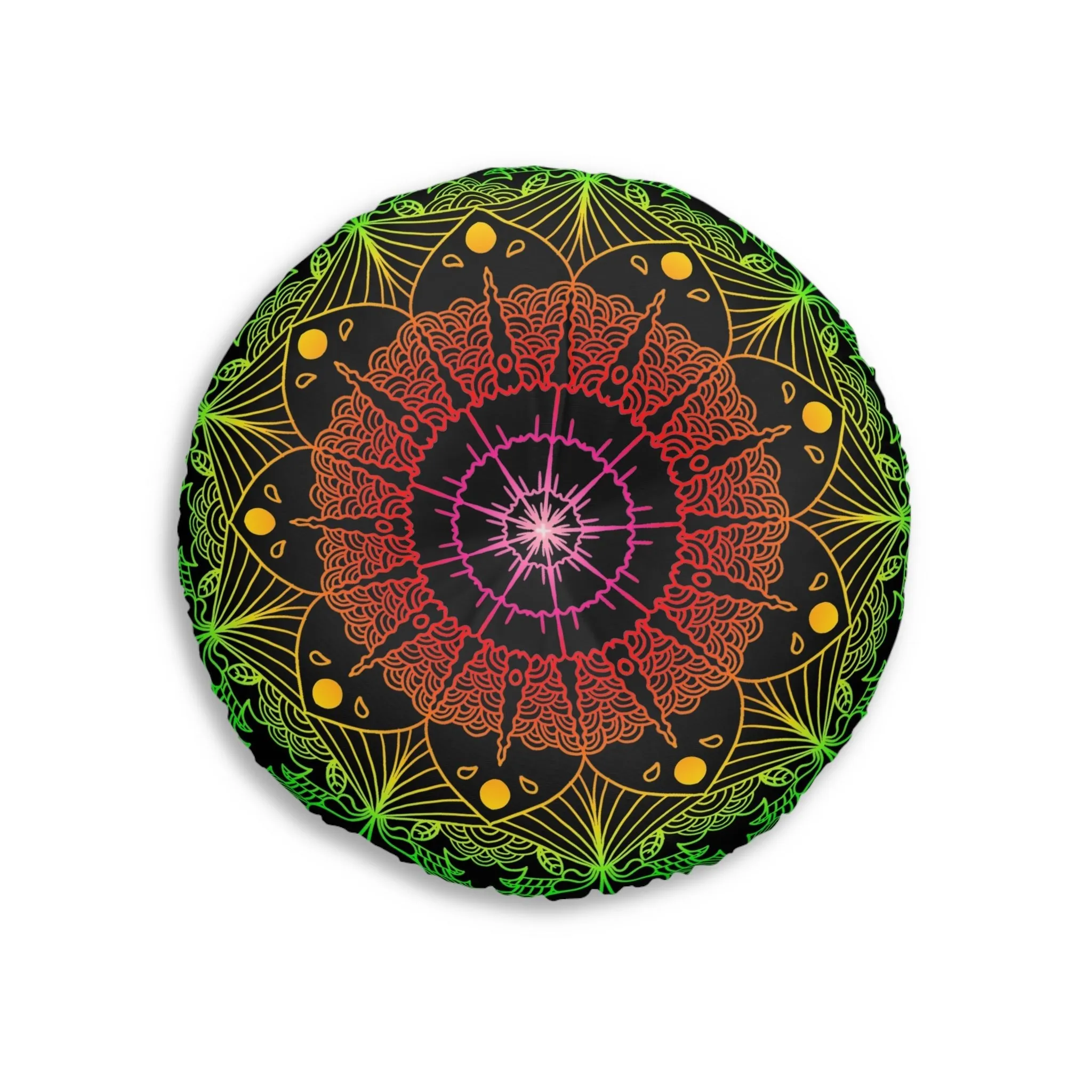 Hand Drawn Mandala Art Floor Cushion - Flower colors on Black - Tufted