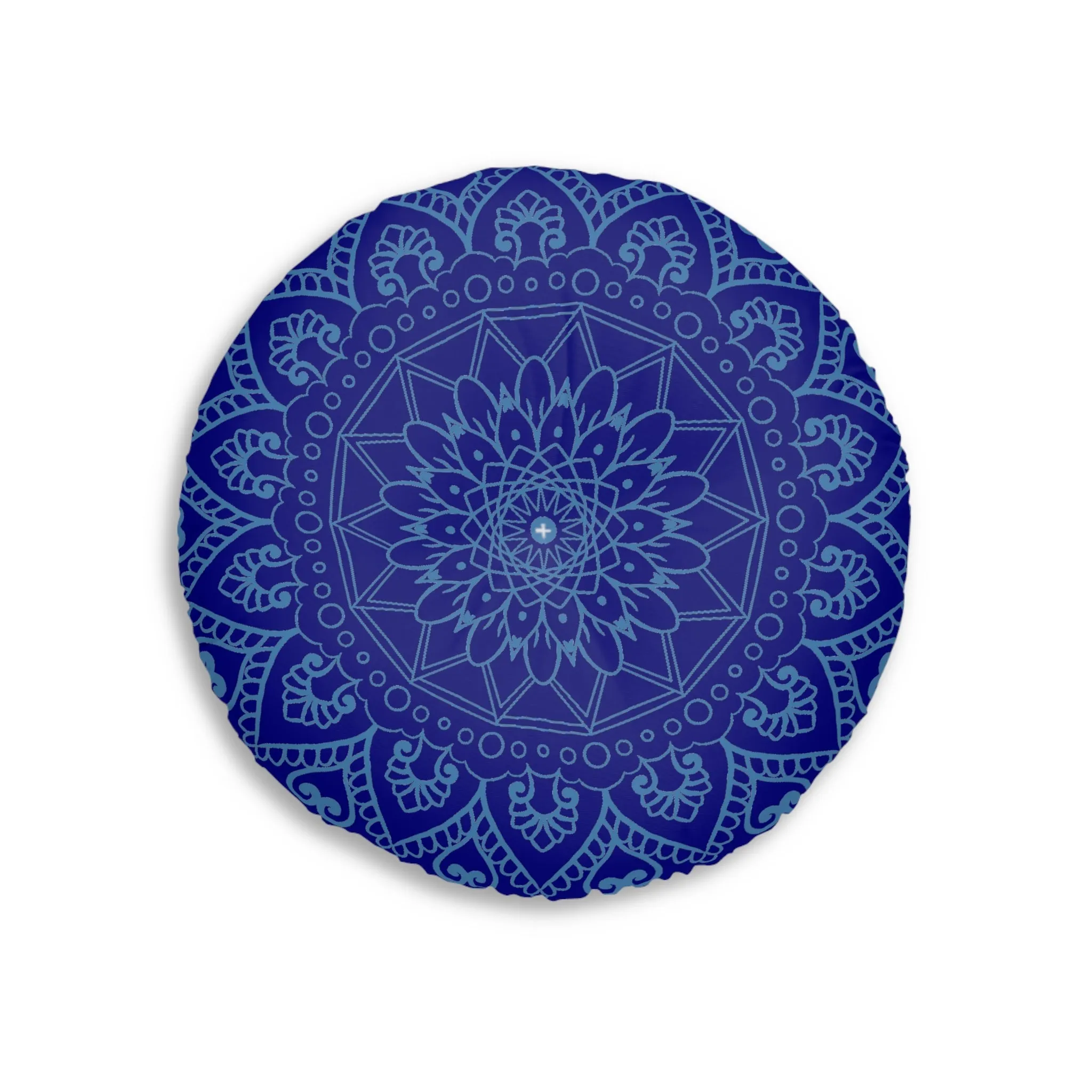 Handmade Mandala Art Floor Cushion - Steel Blue on Navy Blue - Round