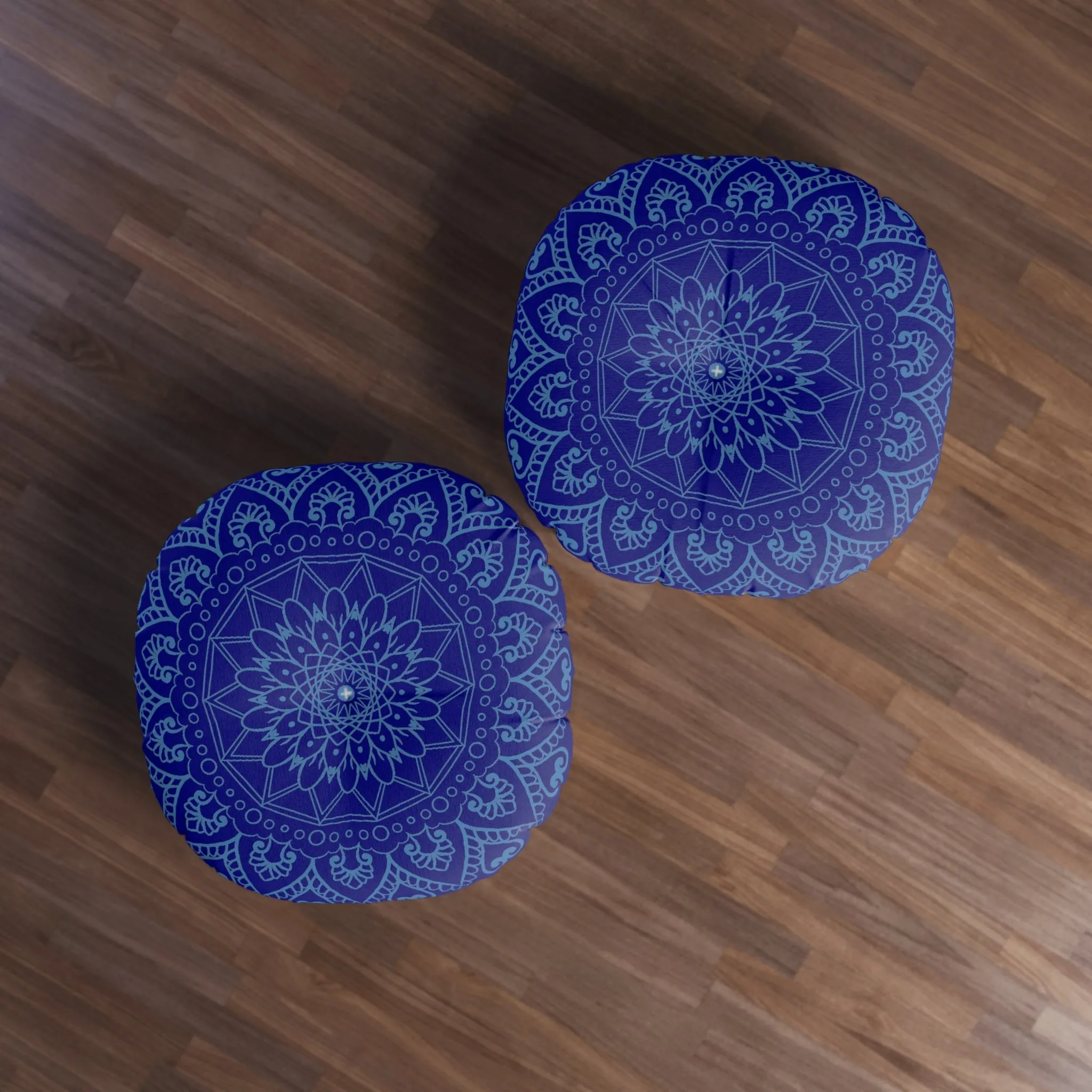 Handmade Mandala Art Floor Cushion - Steel Blue on Navy Blue - Round