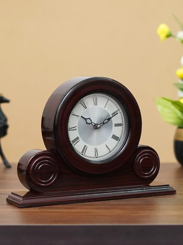 INDIANA CRAFT Beautiful Rosewood Colour Wooden Roman Numbers Round Silver Colour Dial Analog Desk Clock for Office Desk Home Living Study Room Gifts (Size: 32 x 7 x 22 CM | Weight: 1275 Gram)