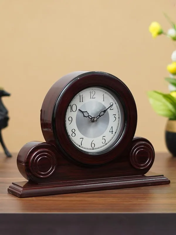 INDIANA CRAFT Decorative Rosewood Colour Wooden English Numbers Round Silver Colour Dial Analog Table Clock for Office Desk Home Living Study Room Gifts (Size: 32 x 7 x 22 CM | Weight: 1275 Gram)