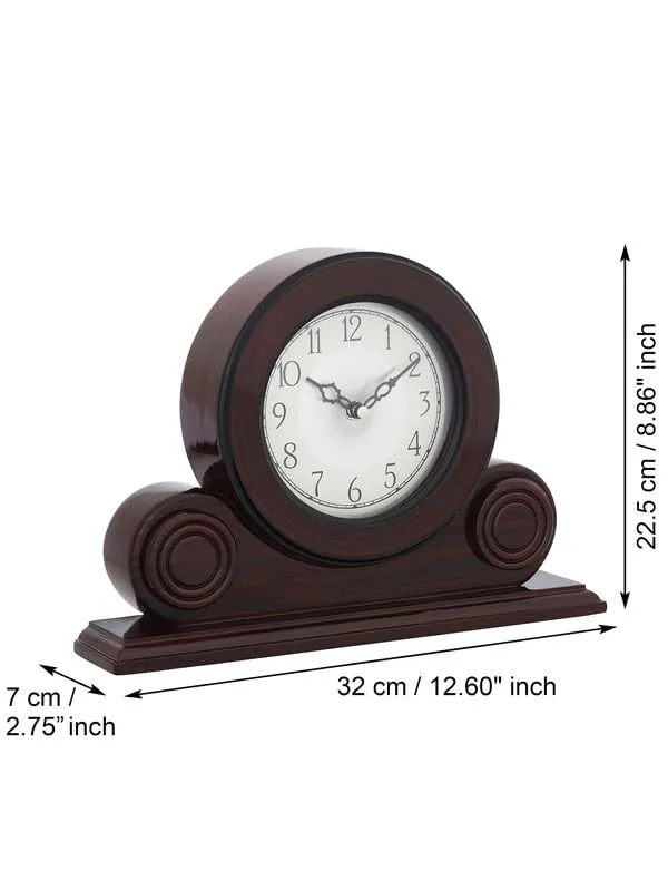 INDIANA CRAFT Decorative Rosewood Colour Wooden English Numbers Round Silver Colour Dial Analog Table Clock for Office Desk Home Living Study Room Gifts (Size: 32 x 7 x 22 CM | Weight: 1275 Gram)