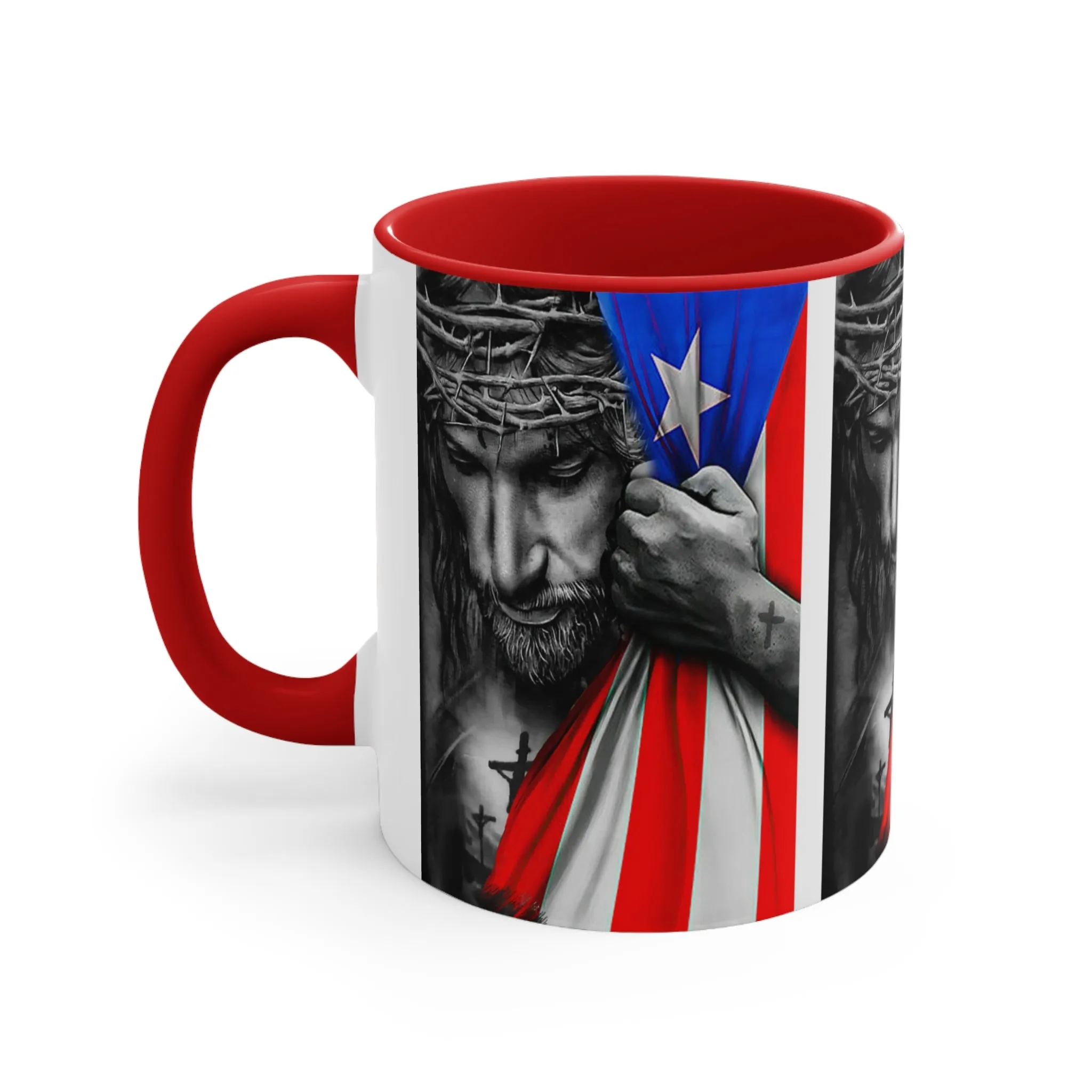 JESUS HUGGING PR FLAG MUG - Red, Black, Blue, Navy Accents - MUGSCITY - Free Shipping