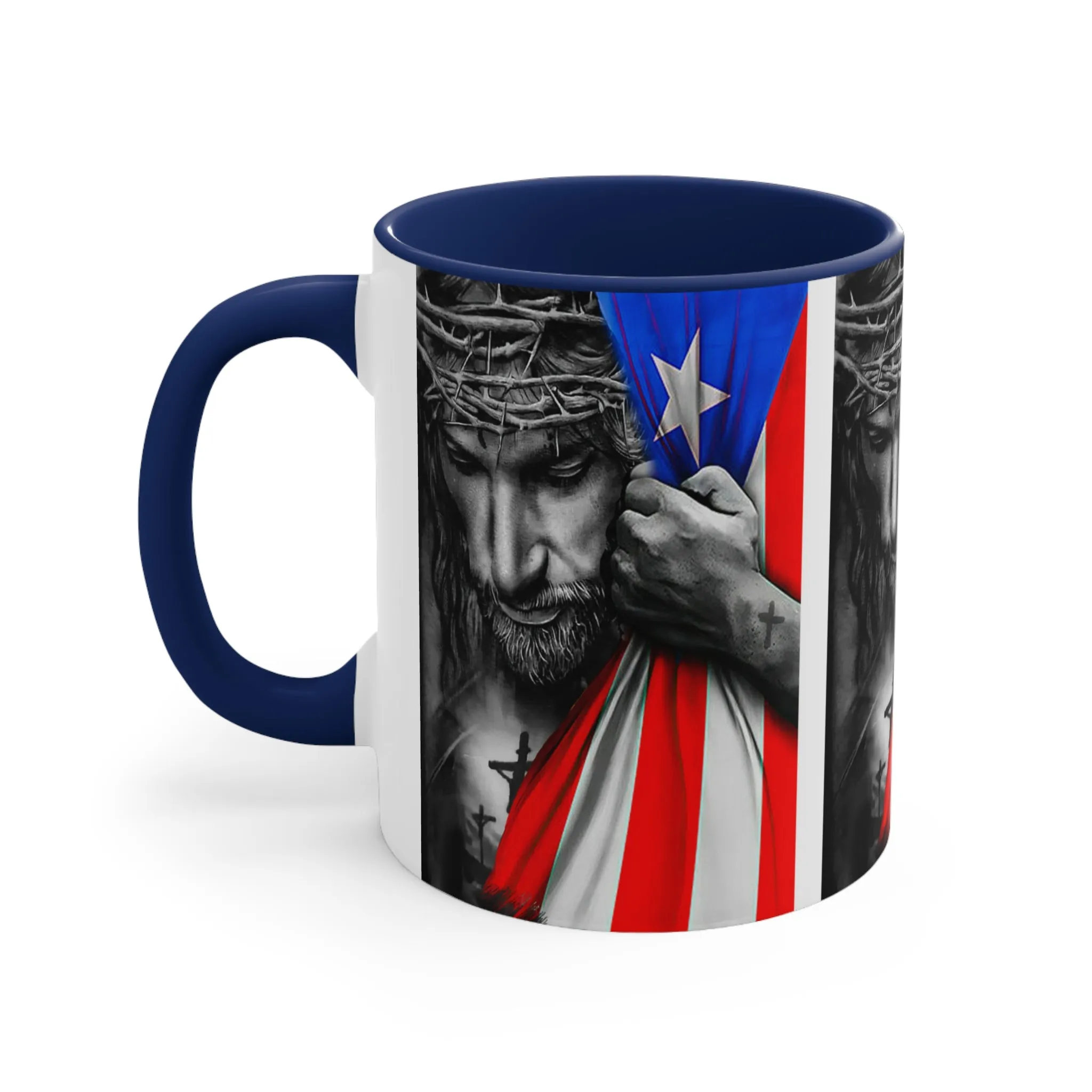 JESUS HUGGING PR FLAG MUG - Red, Black, Blue, Navy Accents - MUGSCITY - Free Shipping