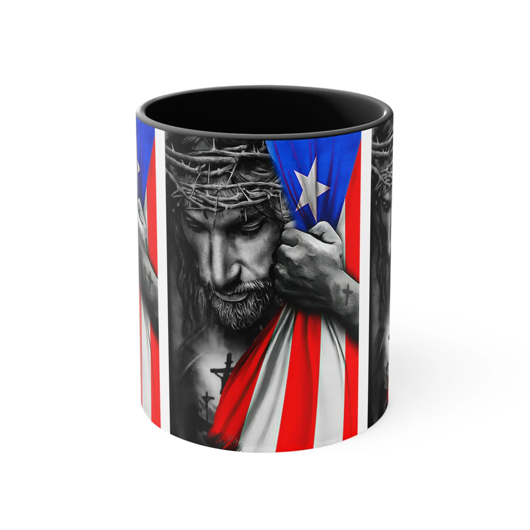 JESUS HUGGING PR FLAG MUG - Red, Black, Blue, Navy Accents - MUGSCITY - Free Shipping