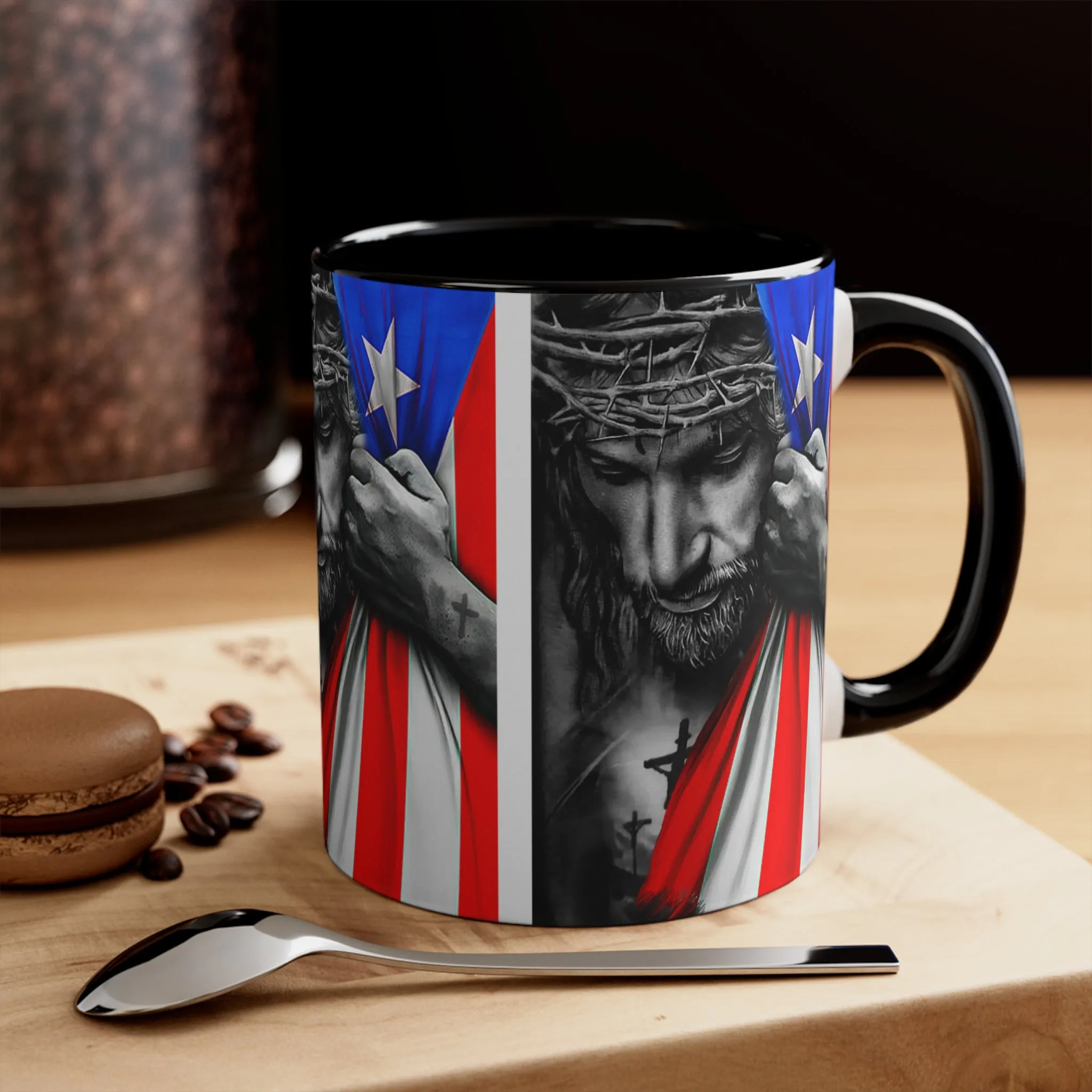 JESUS HUGGING PR FLAG MUG - Red, Black, Blue, Navy Accents - MUGSCITY - Free Shipping