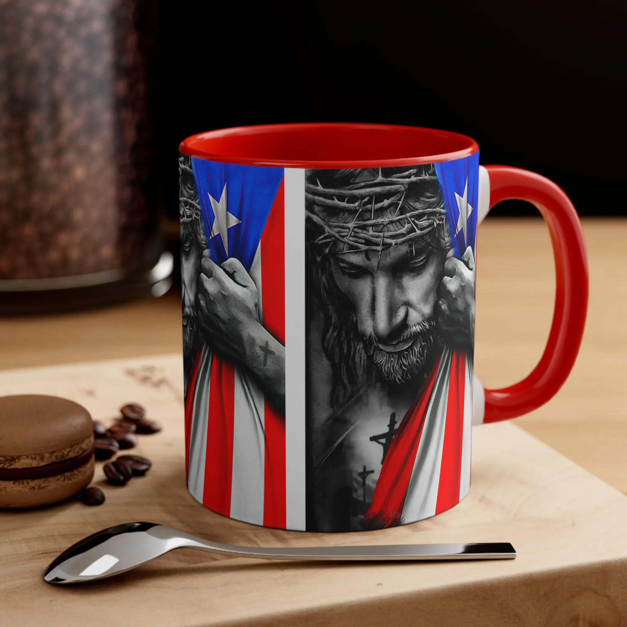 JESUS HUGGING PR FLAG MUG - Red, Black, Blue, Navy Accents - MUGSCITY - Free Shipping