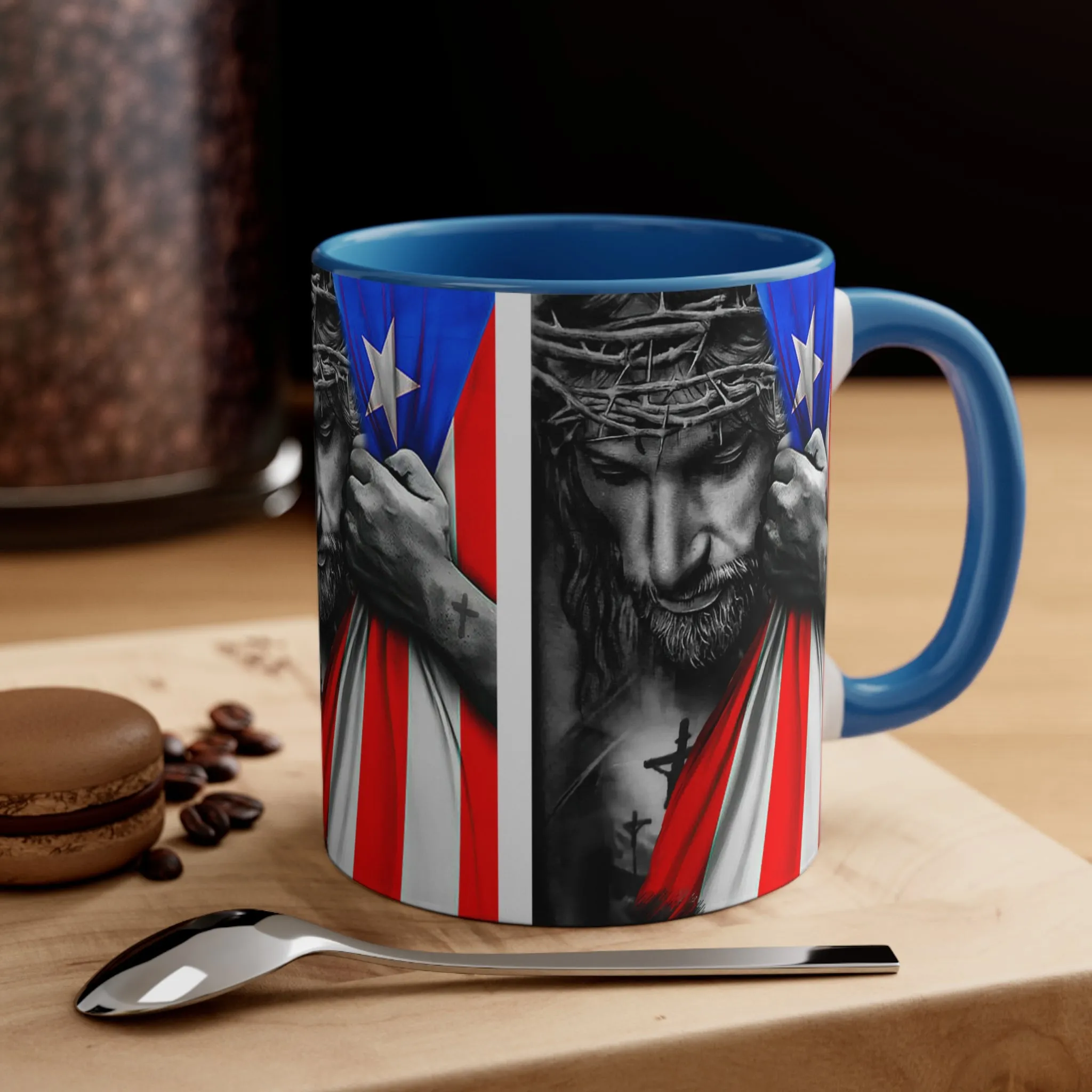 JESUS HUGGING PR FLAG MUG - Red, Black, Blue, Navy Accents - MUGSCITY - Free Shipping