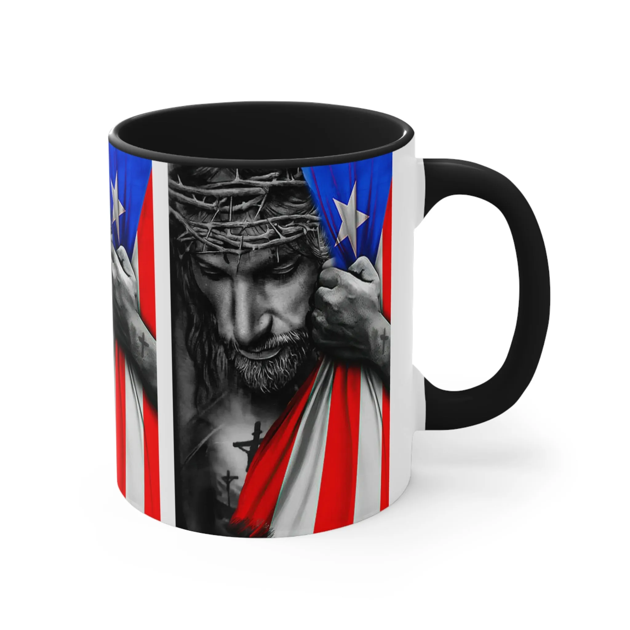 JESUS HUGGING PR FLAG MUG - Red, Black, Blue, Navy Accents - MUGSCITY - Free Shipping