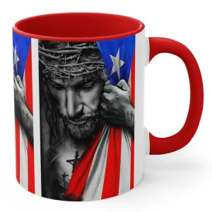 JESUS HUGGING PR FLAG MUG - Red, Black, Blue, Navy Accents - MUGSCITY - Free Shipping