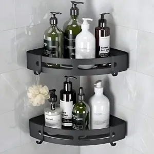 JIALTO 2 Pcs Corner Shelf for Bathroom | Self-Adhesive Bathroom Shelf for Wall | Corner Stand and Rack without Drilling | Bathroom Accessories and Storage Rack (Black)