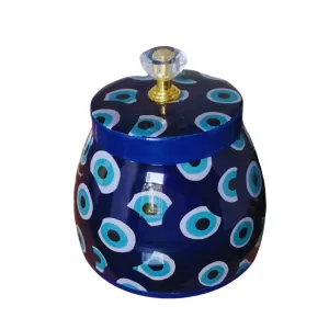 Kottanz Handcrafted Evil Eye Printed Metal Jar Gift, Hand Painted Decorative Vase for Home or Office Use, Small