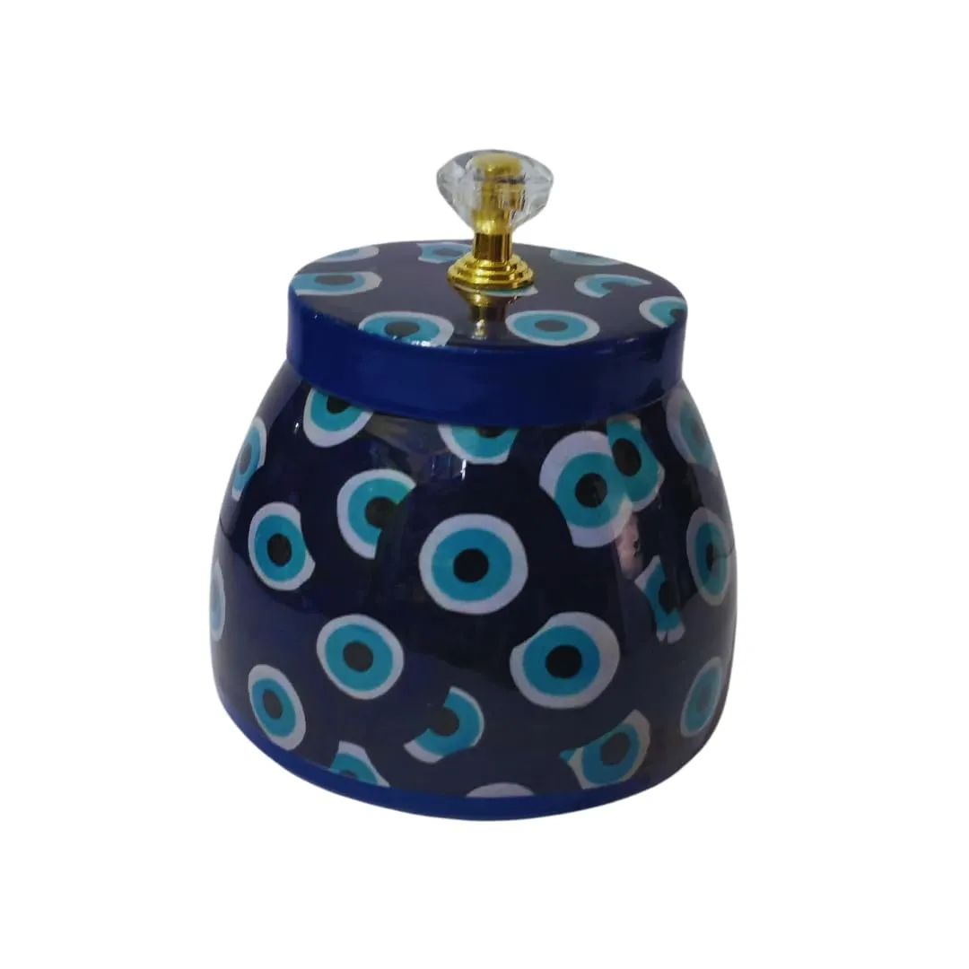 Kottanz Handcrafted Evil Eye Printed Metal Jar Gift, Hand Painted Decorative Vase for Home or Office Use, Small