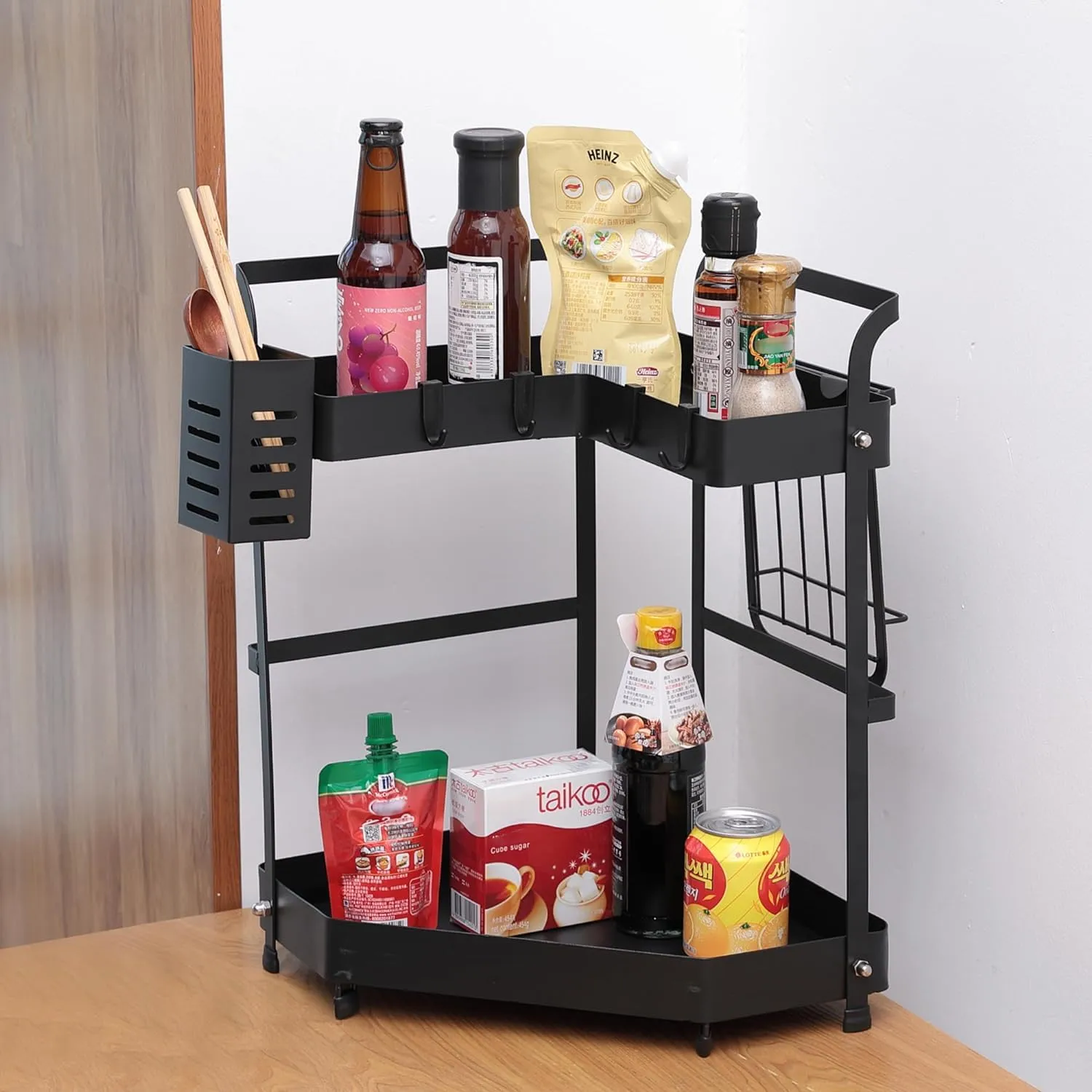 Kuber Industries Corner Kitchen Rack|Spice Rack,Chopsticks Rest, Knife Holder|4 Hooks Kitchen Storage Rack|L Shape Basket Pack of 5 (Black)