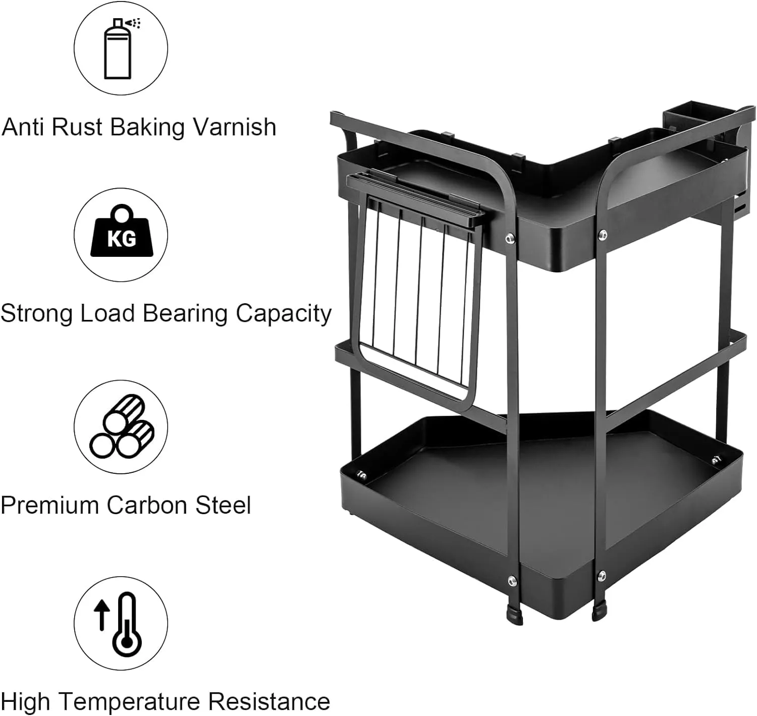 Kuber Industries Corner Kitchen Rack|Spice Rack,Chopsticks Rest, Knife Holder|4 Hooks Kitchen Storage Rack|L Shape Basket Pack of 5 (Black)