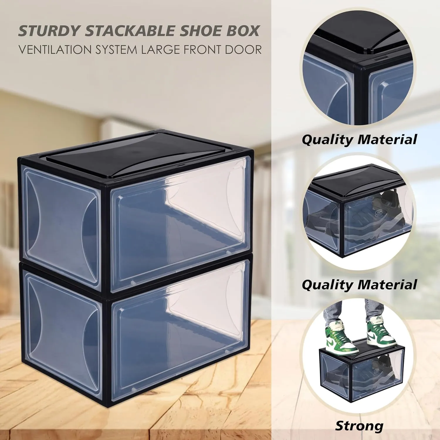 Kuber Industries Pack of 2 Sneaker Box | Plastic Stackable Shoe Organizer | Multi Purpose Space-Saving Storage Box | Black