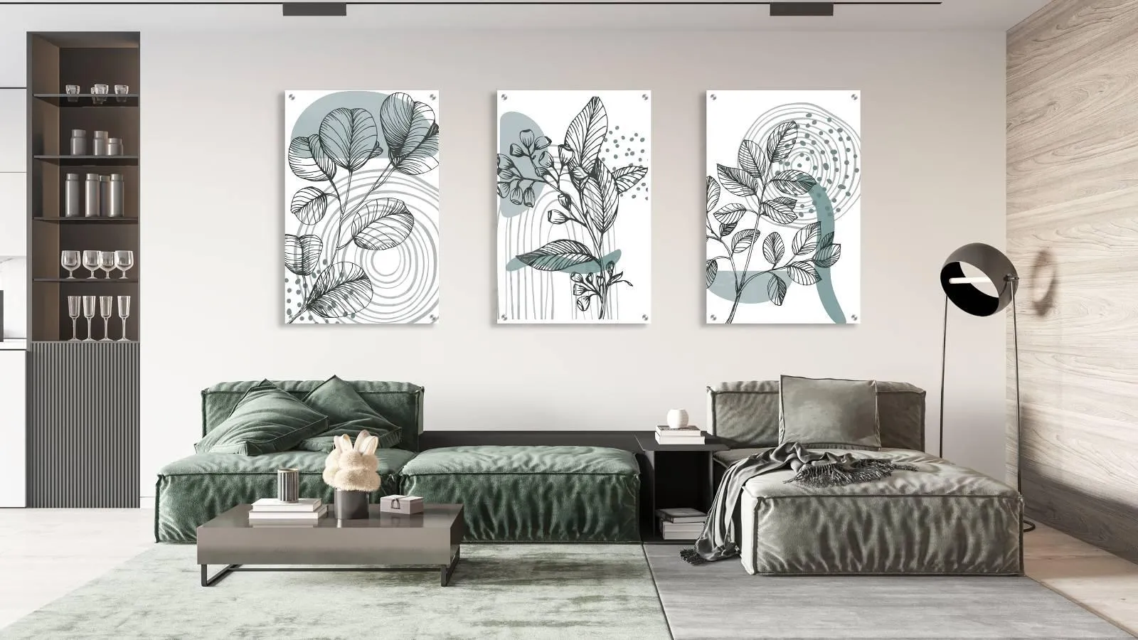 Leaves and Geometric Design Set of 3 Prints Modern Wall Art Modern Artwork