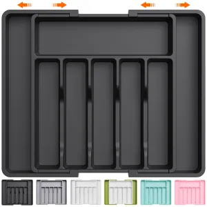 Lifewit Silverware Drawer Organizer, Expandable Utensil Tray for Kitchen, BPA Free Flatware and Cutlery Holder, Adjustable Plastic Storage for Spoons Forks Knives, Large, Black