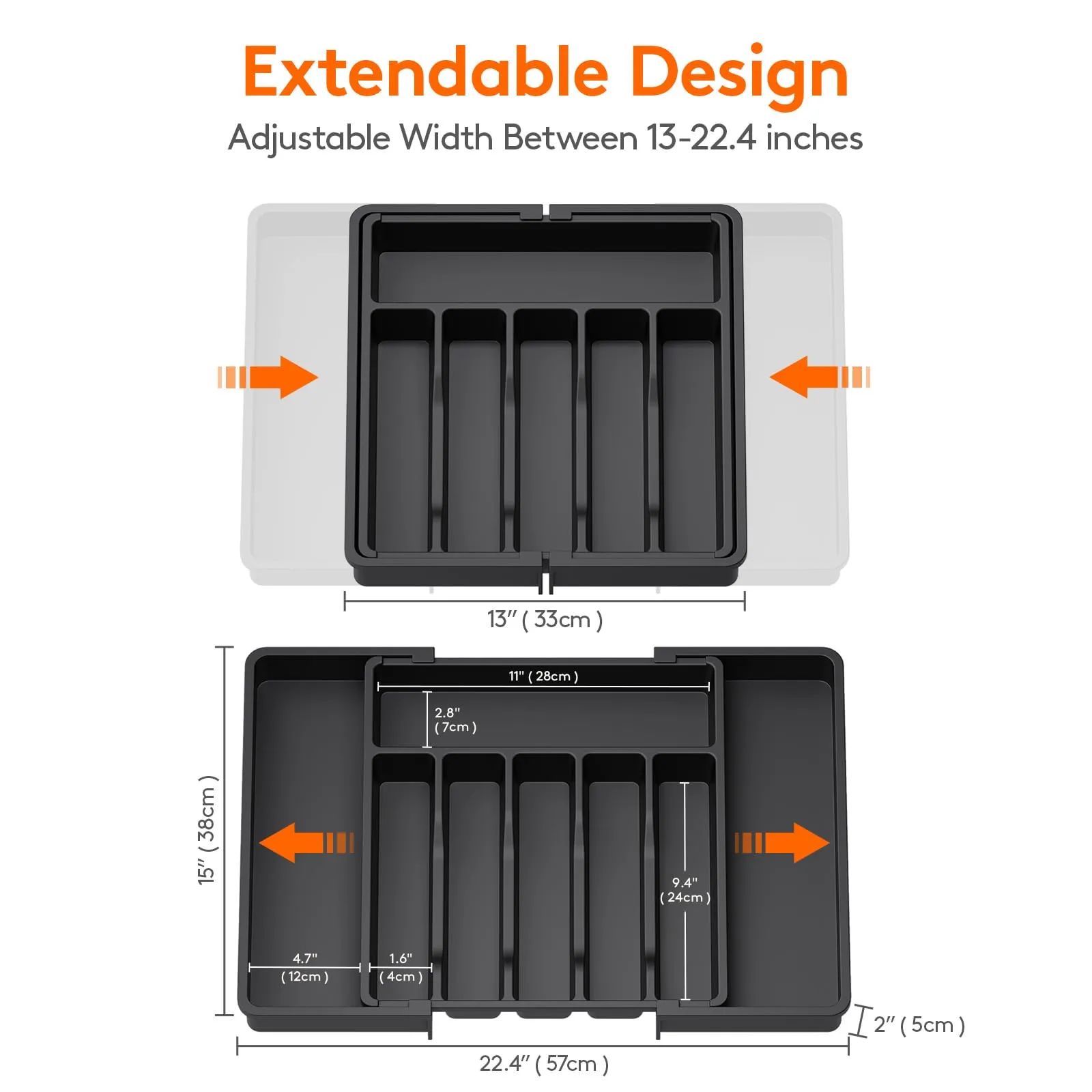 Lifewit Silverware Drawer Organizer, Expandable Utensil Tray for Kitchen, BPA Free Flatware and Cutlery Holder, Adjustable Plastic Storage for Spoons Forks Knives, Large, Black