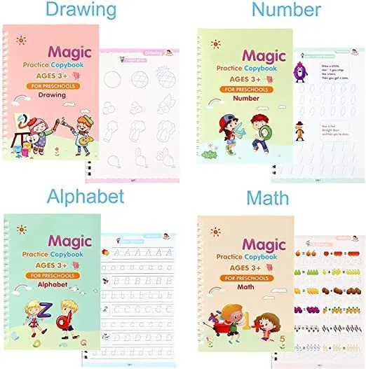 Magic Practice Copybook (4 Books, 5 Refill), Number Tracing Book for Preschoolers with Pen, Magic Calligraphy Copybook Set Practical Reusable Writing Tool Simple Hand Lettering