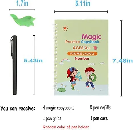 Magic Practice Copybook (4 Books, 5 Refill), Number Tracing Book for Preschoolers with Pen, Magic Calligraphy Copybook Set Practical Reusable Writing Tool Simple Hand Lettering