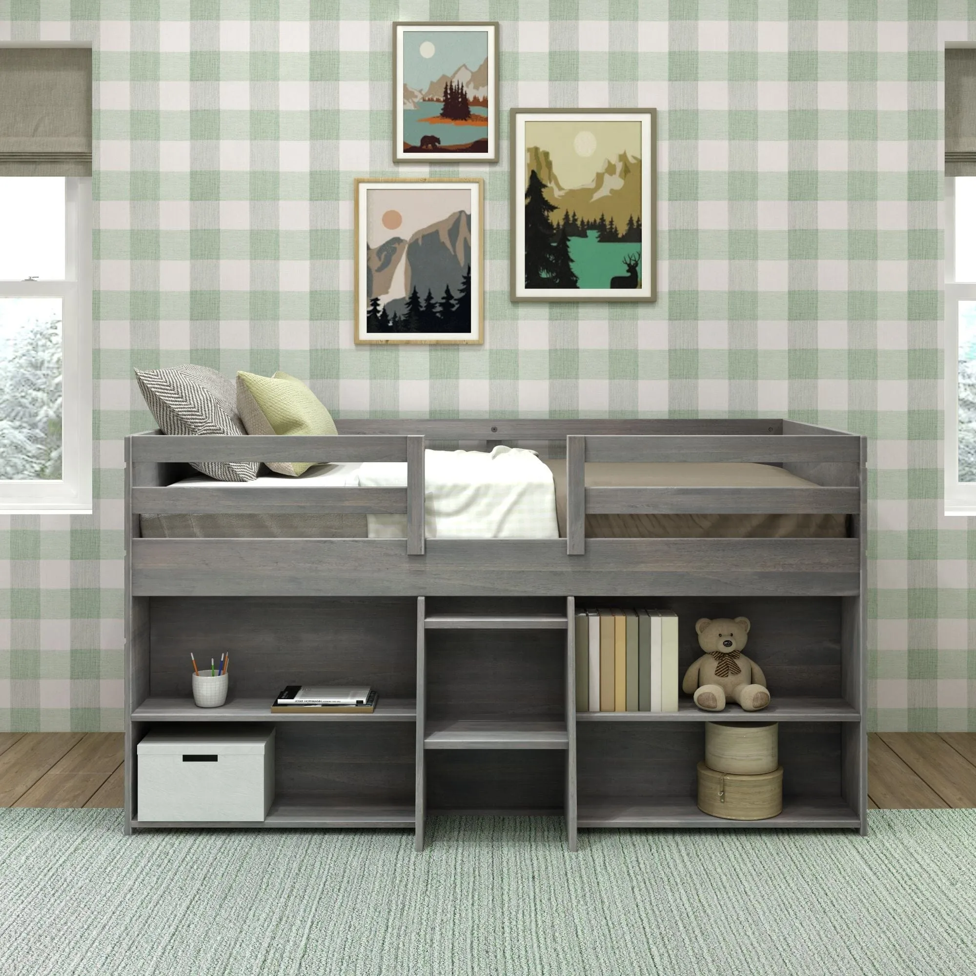 Modern Farmhouse Twin Low Loft Bed With Bookcases