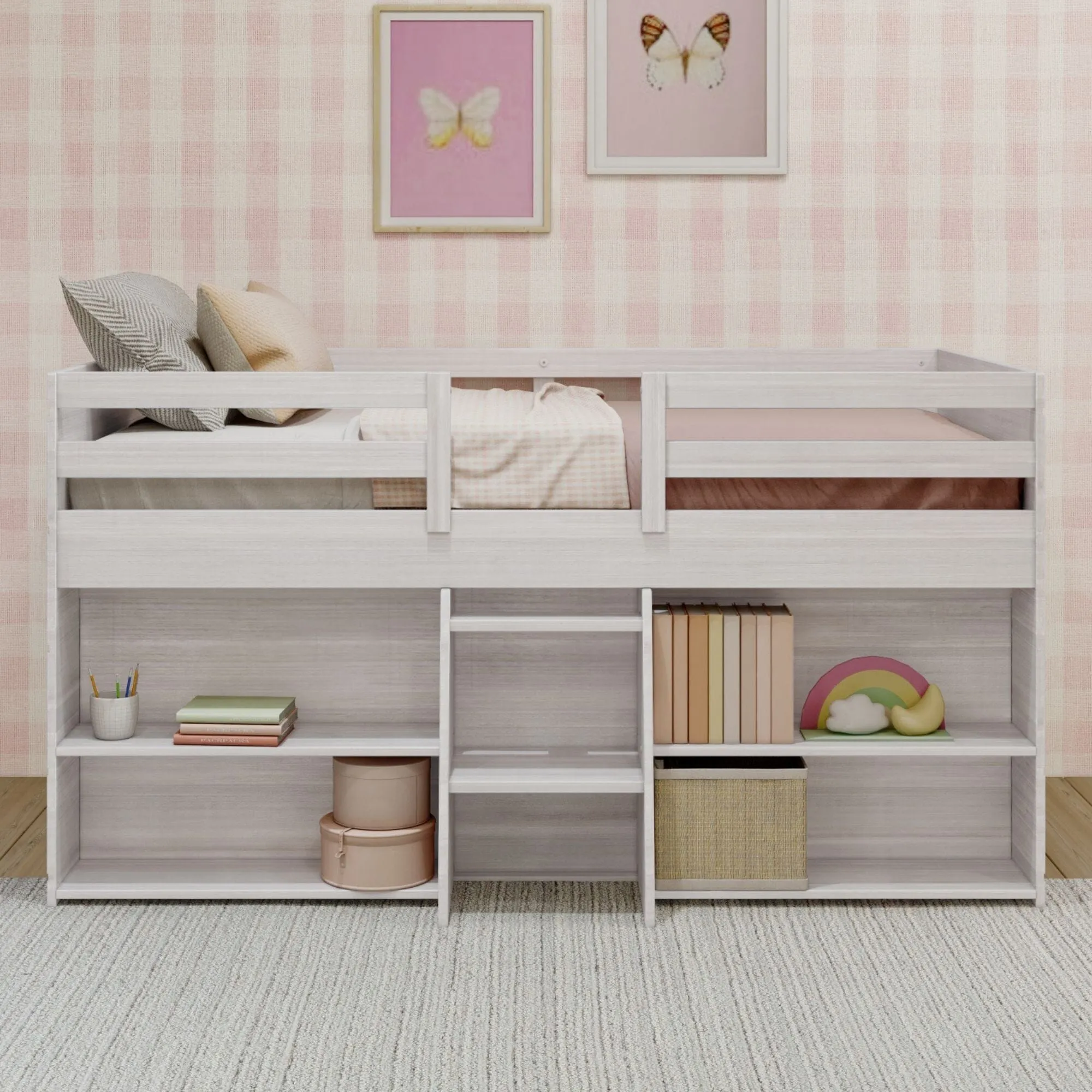 Modern Farmhouse Twin Low Loft Bed With Bookcases