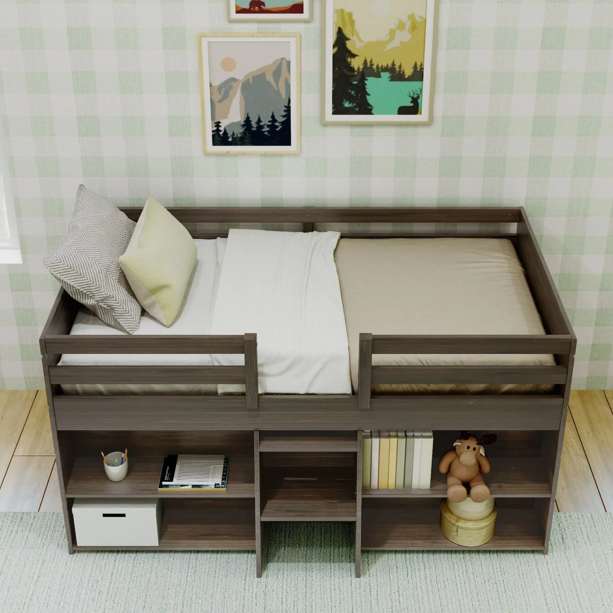 Modern Farmhouse Twin Low Loft Bed With Bookcases