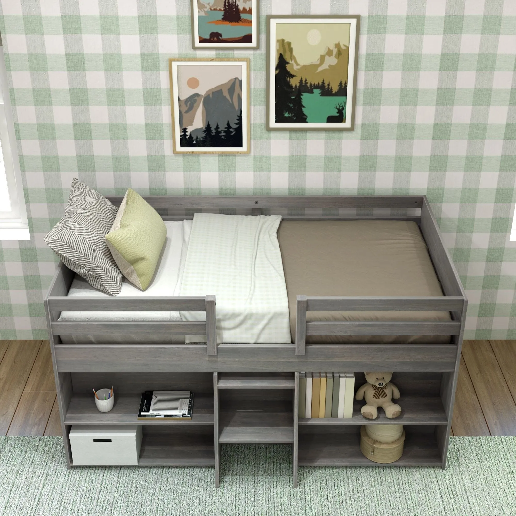 Modern Farmhouse Twin Low Loft Bed With Bookcases