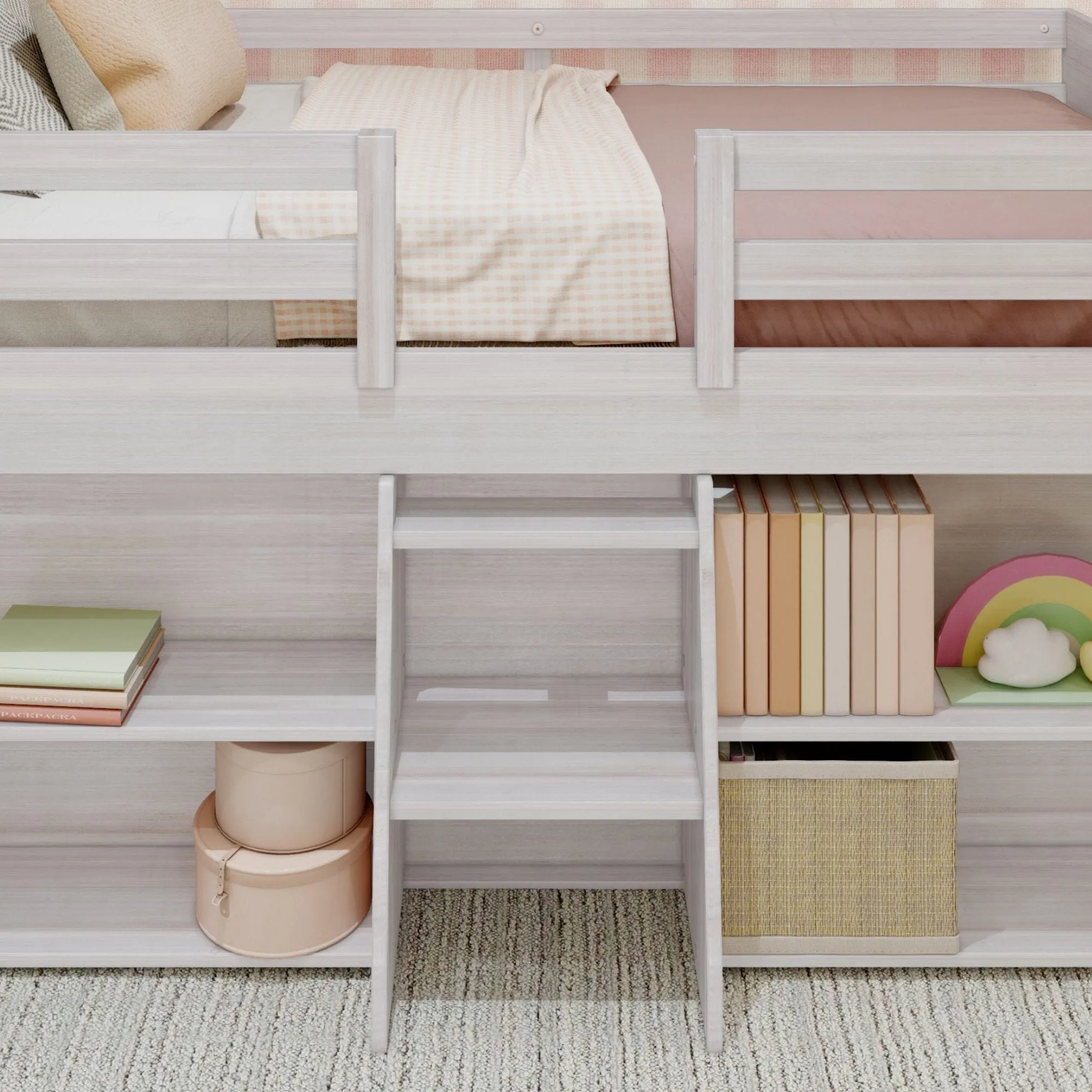 Modern Farmhouse Twin Low Loft Bed With Bookcases