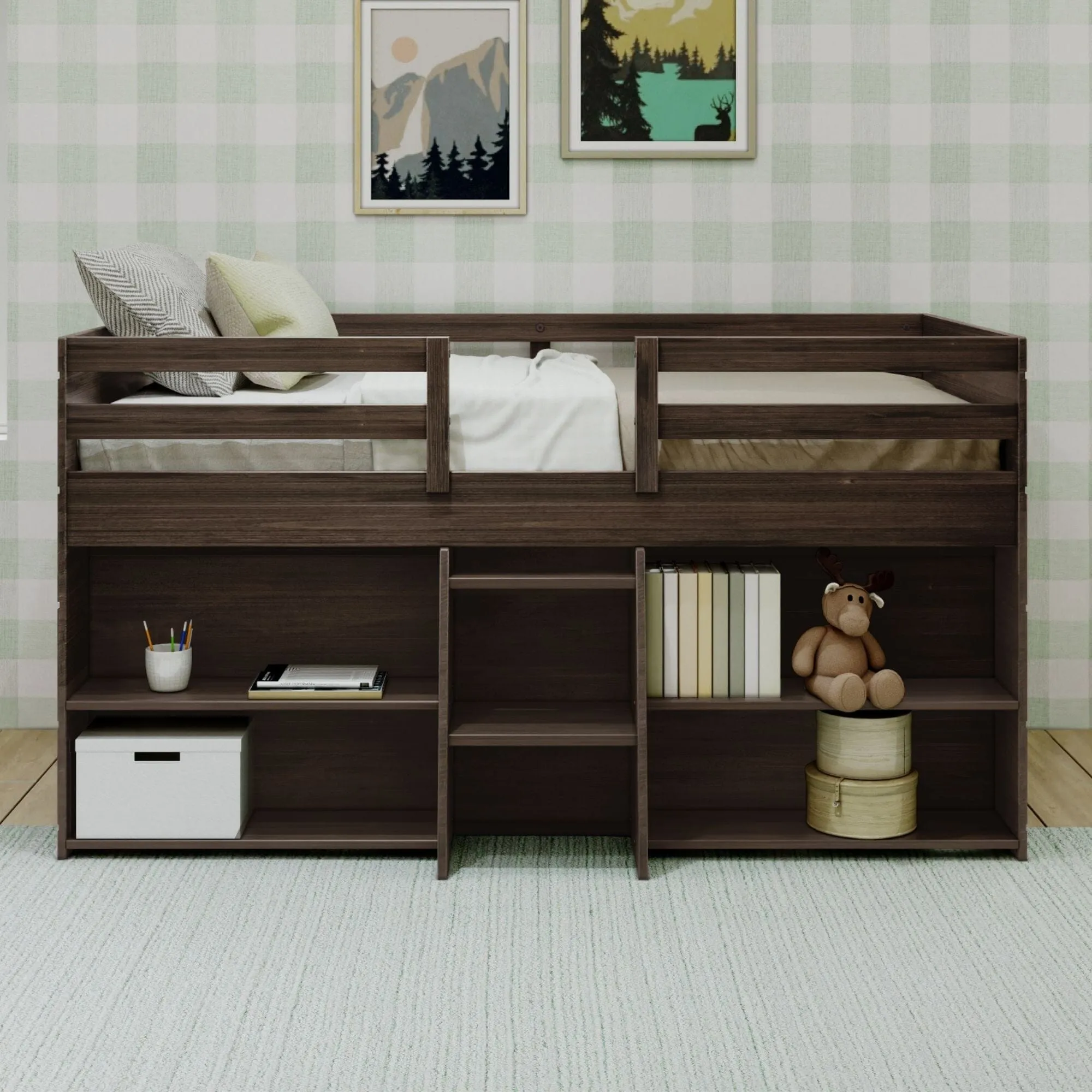 Modern Farmhouse Twin Low Loft Bed With Bookcases