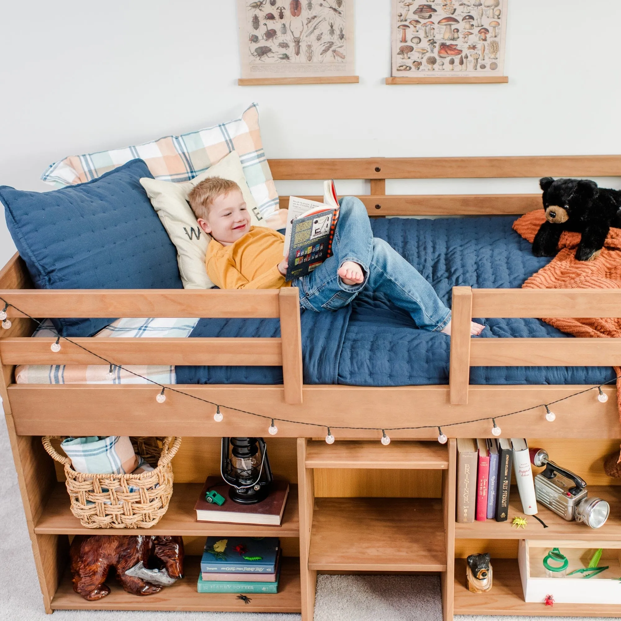 Modern Farmhouse Twin Low Loft Bed With Bookcases