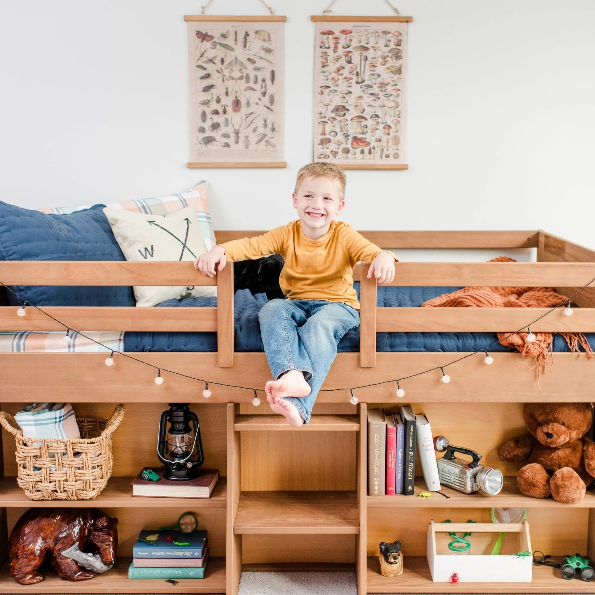 Modern Farmhouse Twin Low Loft Bed With Bookcases