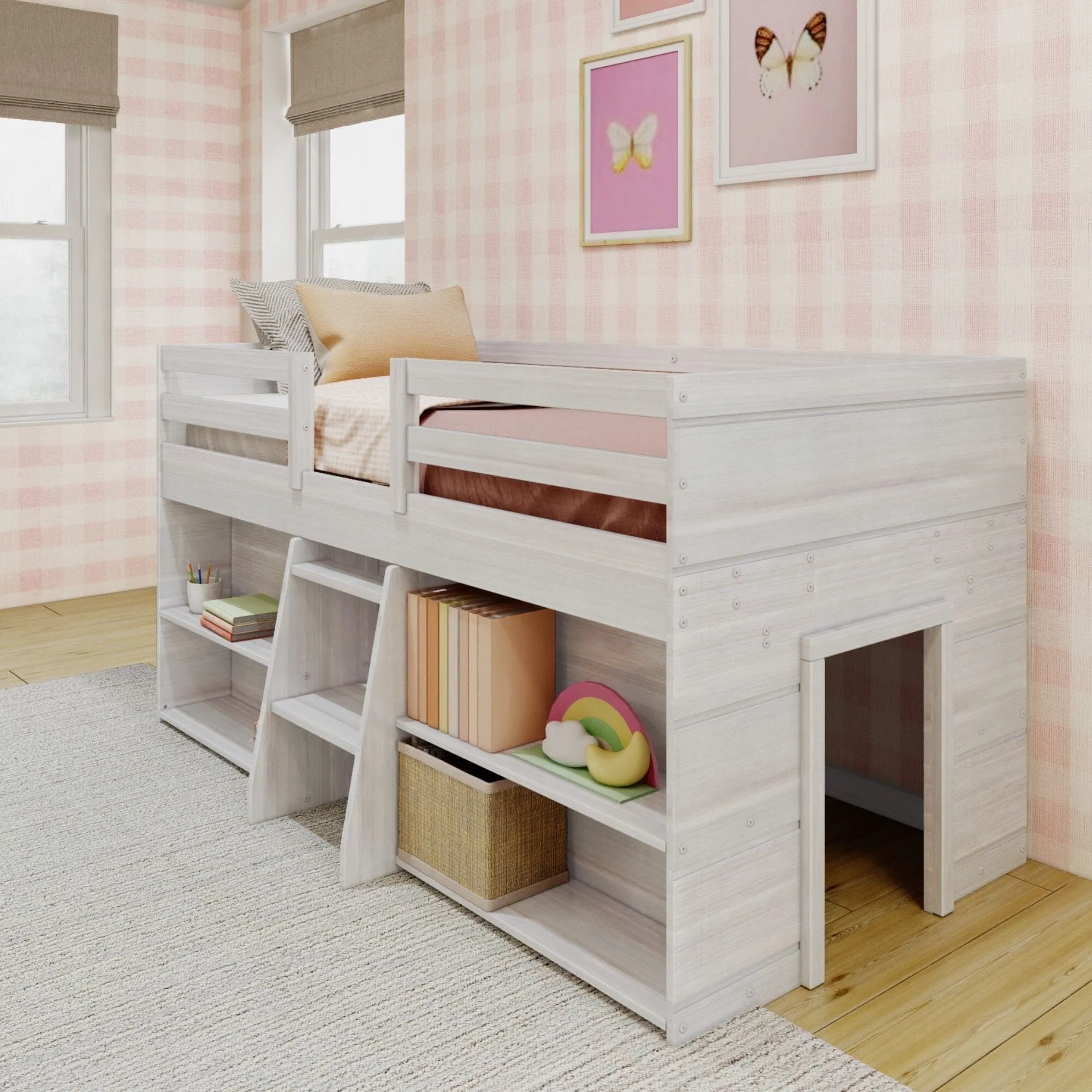 Modern Farmhouse Twin Low Loft Bed With Bookcases