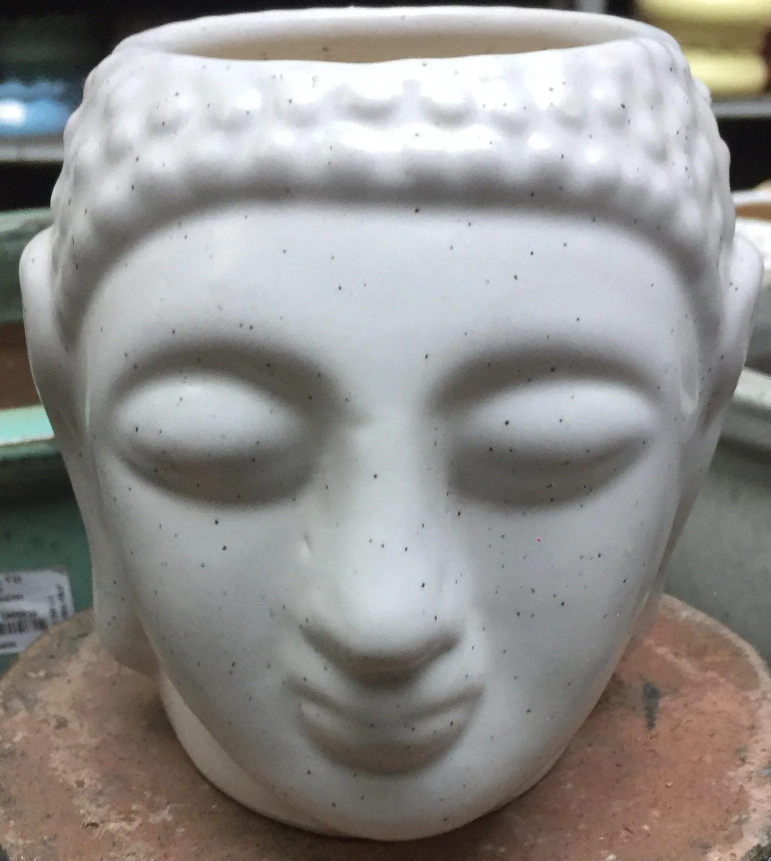 Modern Large White with Black Dotted Buddha Face Ceramic Planter