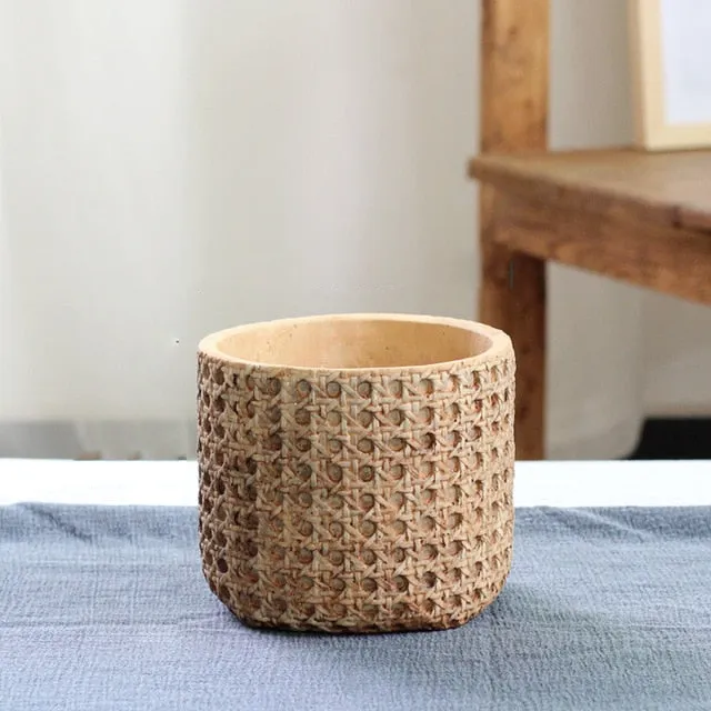 Natural Rattan Texture Cement Planter