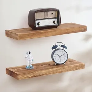 ODEJIA Floating Shelves Wall Mounted Set of 2 - Wooden Wall Shelf For Kitchen & Living Room - Light Walnut - 16" x 5.7"