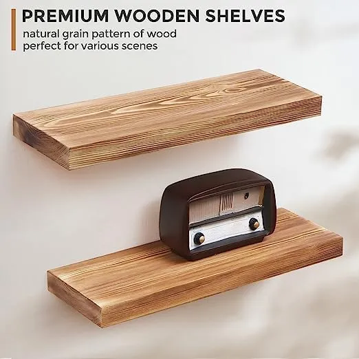 ODEJIA Floating Shelves Wall Mounted Set of 2 - Wooden Wall Shelf For Kitchen & Living Room - Light Walnut - 16" x 5.7"