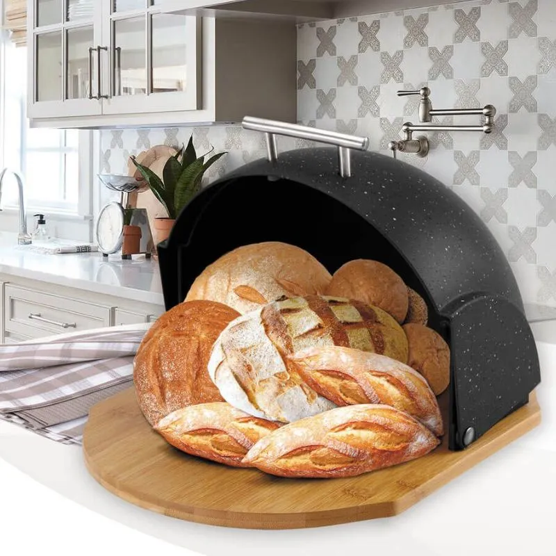 Oval Bread Box with Wooden Base Black