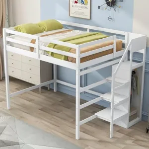 Polibi Full Size Wooden Loft Bed with Built-in Storage Wardrobe and Staircase, Multi-Functional Loft Bed with Staircase and Guardrails, No Box Spring Required, White