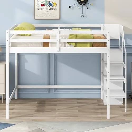 Polibi Full Size Wooden Loft Bed with Built-in Storage Wardrobe and Staircase, Multi-Functional Loft Bed with Staircase and Guardrails, No Box Spring Required, White