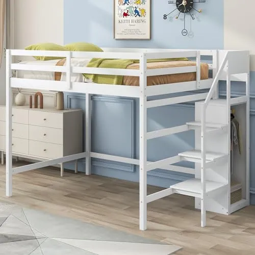 Polibi Full Size Wooden Loft Bed with Built-in Storage Wardrobe and Staircase, Multi-Functional Loft Bed with Staircase and Guardrails, No Box Spring Required, White