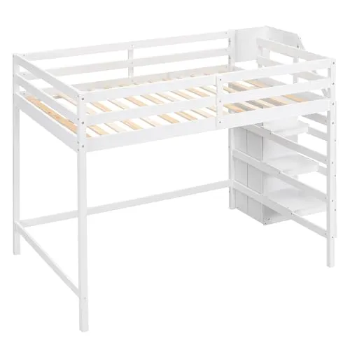 Polibi Full Size Wooden Loft Bed with Built-in Storage Wardrobe and Staircase, Multi-Functional Loft Bed with Staircase and Guardrails, No Box Spring Required, White