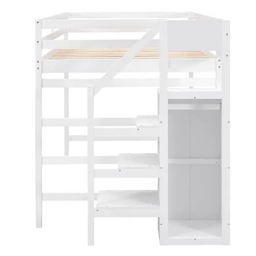 Polibi Full Size Wooden Loft Bed with Built-in Storage Wardrobe and Staircase, Multi-Functional Loft Bed with Staircase and Guardrails, No Box Spring Required, White