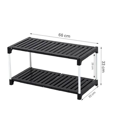 Portable Shoe Rack Organizer - Metal Rod & Plastic Shelves | Adjustable & Space-Saving Stand | Multipurpose Storage for Shoes, Books, Clothes, Kitchen, Bathroom, (2 Steps, Black)