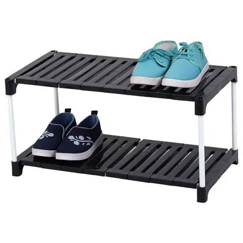 Portable Shoe Rack Organizer - Metal Rod & Plastic Shelves | Adjustable & Space-Saving Stand | Multipurpose Storage for Shoes, Books, Clothes, Kitchen, Bathroom, (2 Steps, Black)